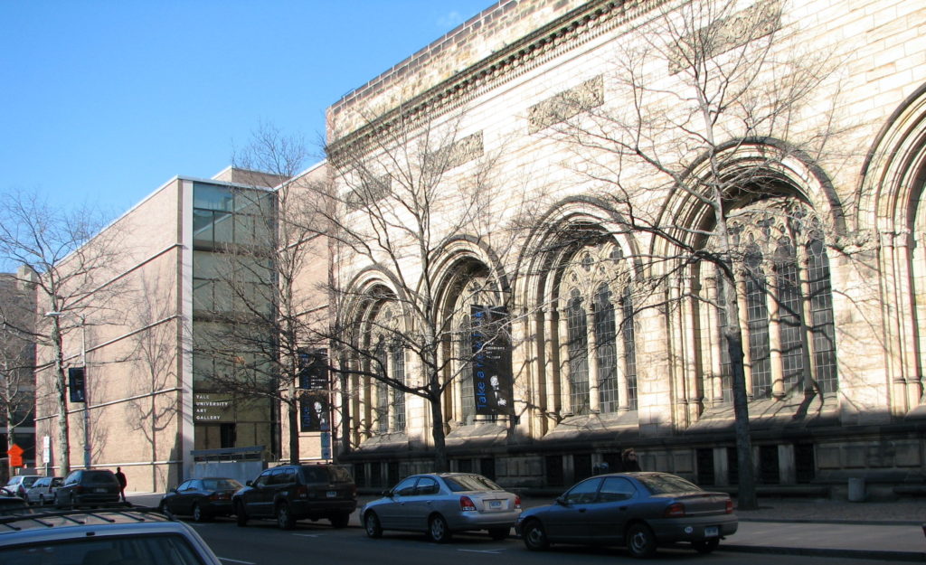 (exterior): Stone exterior of Yale Art Gallery building with tall, arched windows