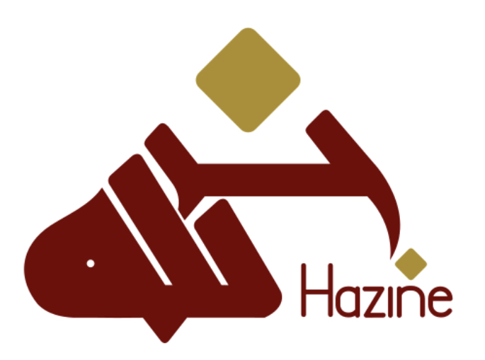 The Arabic script in Hazine's logo (“خزينة”) is displayed in the Qairouany Kufic script with only one dot above the letter kha’. The body is in blood-red while the dot is in gold. The word forms a pyramid along with the Latin-script version, which is written to the right of the Arabic in blood-red and in a smaller size using a simple and thin Latin script that is rounded at the edges.