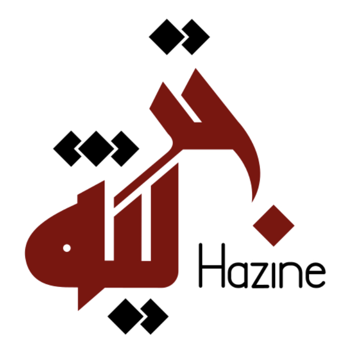 The Arabic script in Hazine's logo (“خزينة”) is displayed in the Qairouany Kufic script. The body is in red while the dots are in black. The letters kha' and za' are placed above the letters ya', nun and ta' marbuta. The dots of the letters intersect. “Hazine” is written in black to the right of the Arabic in a smaller size using a simple and thin Latin script that is rounded at the edges.