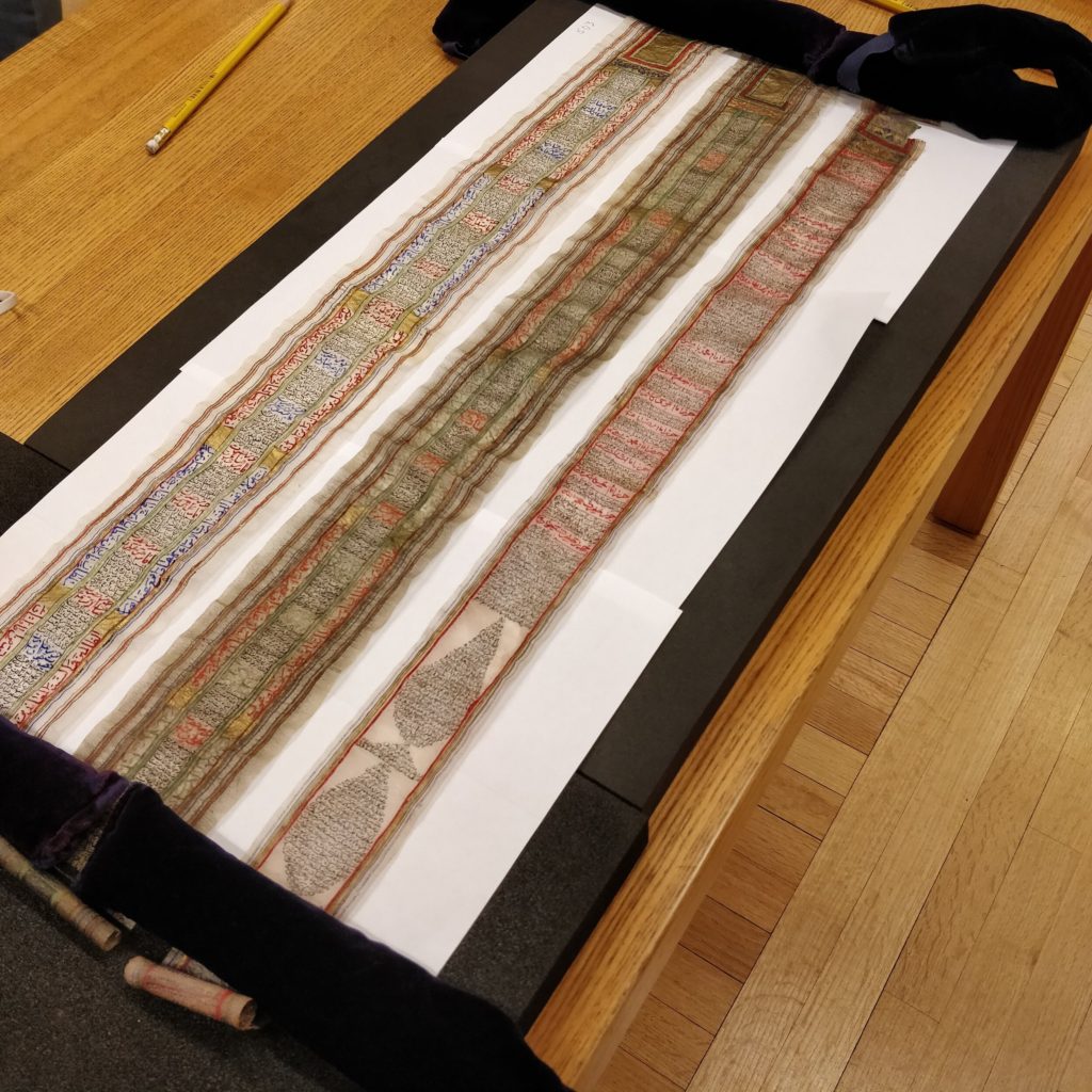 Three unrolled talismanic scrolls, when unrolled they each are nearly 70 cm in length.  However, when rolled they fit in amulets, the size of lipstick tubes. These scrolls invoke the 14 infallibles.

MS Or 503, MS Or 504, MS Or 191, Ḥirz Chahārdeh Ma’ṣūmīn, undated, Persia, Twelver Talismanic scrolls worn as amulets, located at RBML Columbia University.
 (Photo credit: Shabbir Agha Abbas)