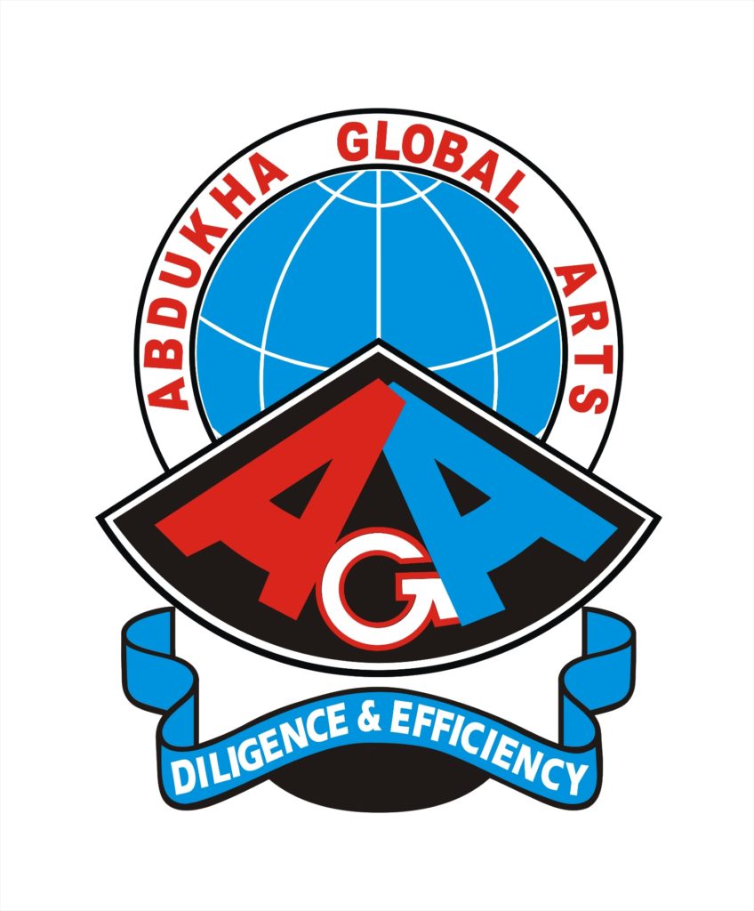 Yushaa's very first logo design, created for his personal business, reads "AGA" in red, blue and white drawn within a third of a circle with a black background and outline. Above it, "ABDUKHA GLOBAL ARTS" is written in red around a blue circle shaped like a globe. "Diligence & Efficiency" is written in white in a blue banner below "AGA".