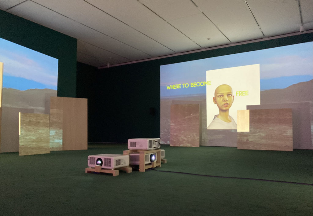 Image of a dark gallery room with a green carpet. 4 projectors are set upon wooden frames in the middle of the image, on the floor. On one wall is a projected image of the Palestinian hills at dusk or dawn. The same is projected onto the other wall, with a digital image of a scarred Palestinian child –with no gendered features– and there is yellow text projected across it that says “Where to become free”. Note that the wooden boards the images are projected onto are overlapping and are of different sizes.