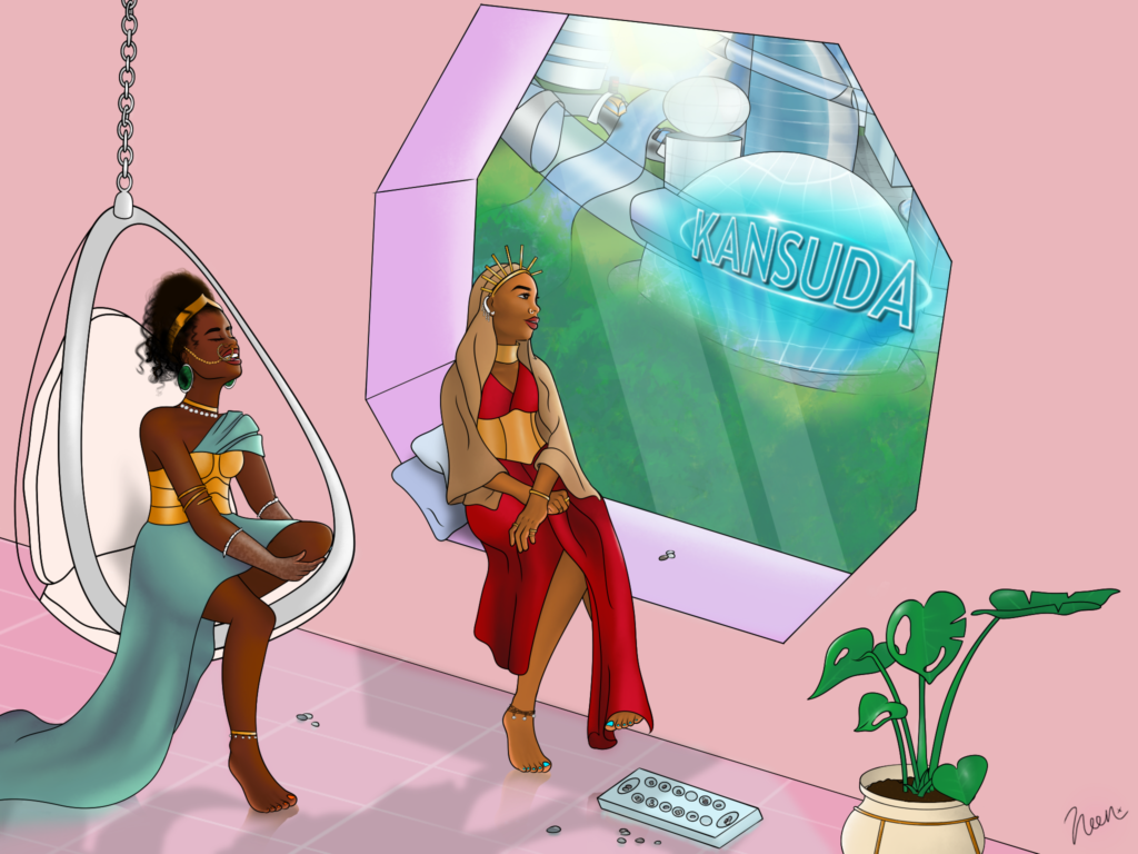 An Afro-futurism depiction of Black Queens looking into their infinite future that KanSuda helps aid 