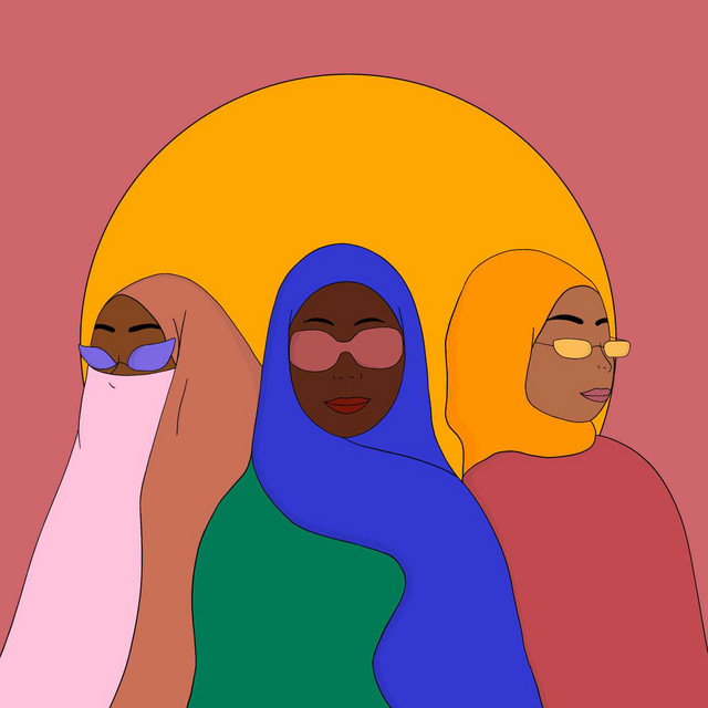 Three  Black hijabi women standing together, flanked by a sun.